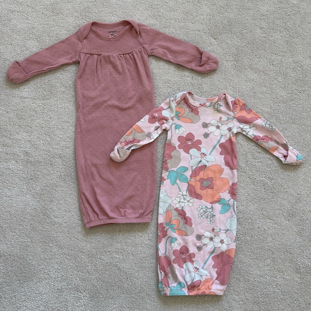Two newborn sized gown style sleepers. Minimally worn.